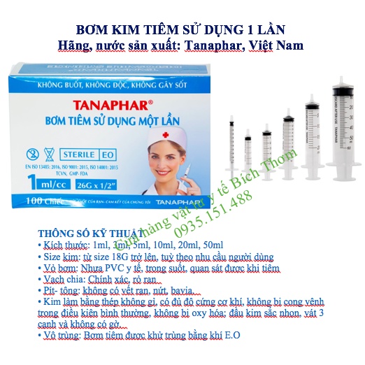 Bơm tiêm sử dụng một lần, Bơm kim tiêm ống chích sử dụng 1 lần 1ml,3ml,5ml,20ml