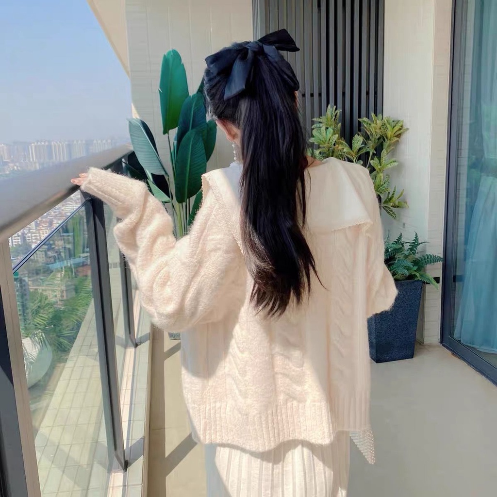 Bộ Áo Cardigan Dệt Kim Tay Dài Cổ Thủy Thủ Phối Chân Váy Thời Trang Thu Đông Cho Mẹ Bầu