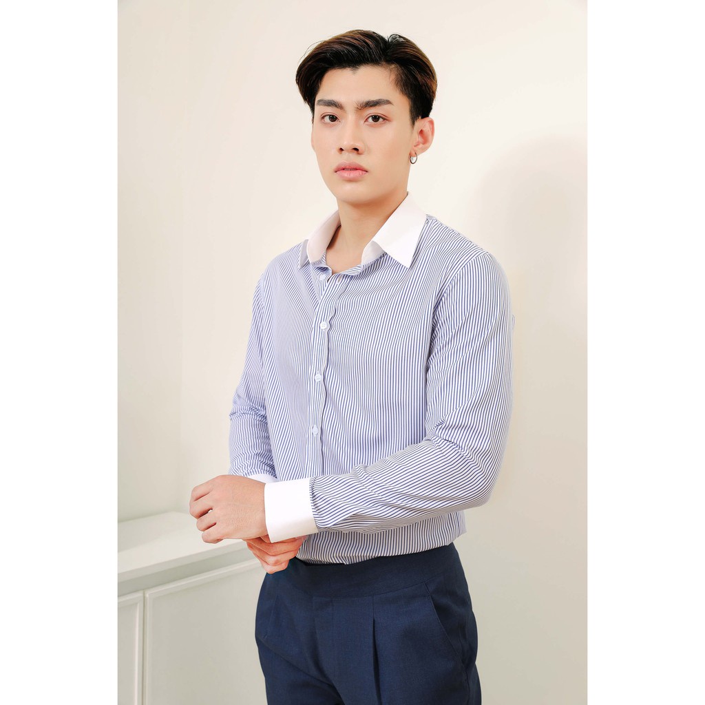 Áo sơ mi nam sọc xanh cổ bản to The Suits House SM00025