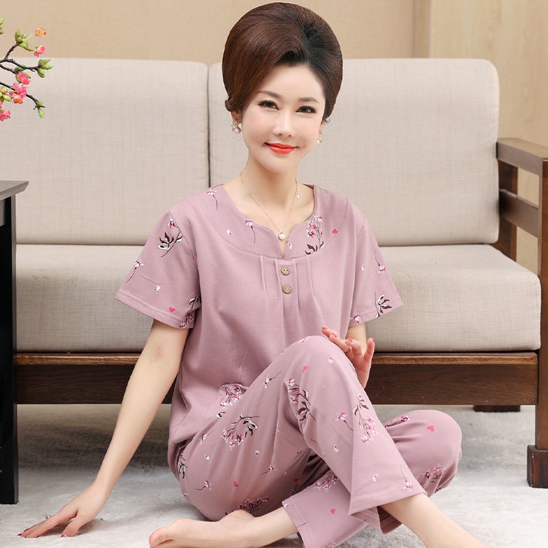 Bộ đồ ngủ cotton tinh khiết vừa, quần dài nữ ngắn tay, mỏng cỡ lớn, người trung niên và già mặc ở nhà.K