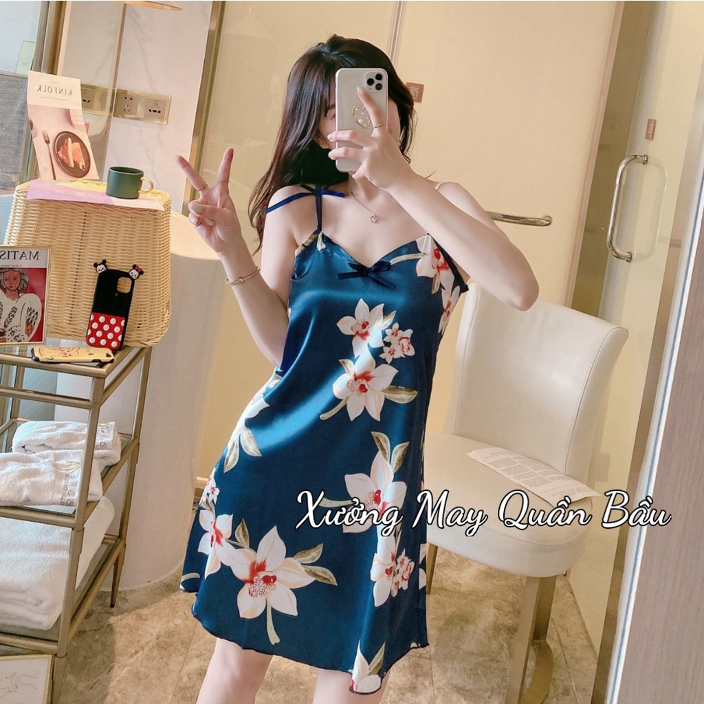 Váy Ngủ 2 dây lụa mềm mát - Đầm mặc nhà 2 dây dễ thương V2D290