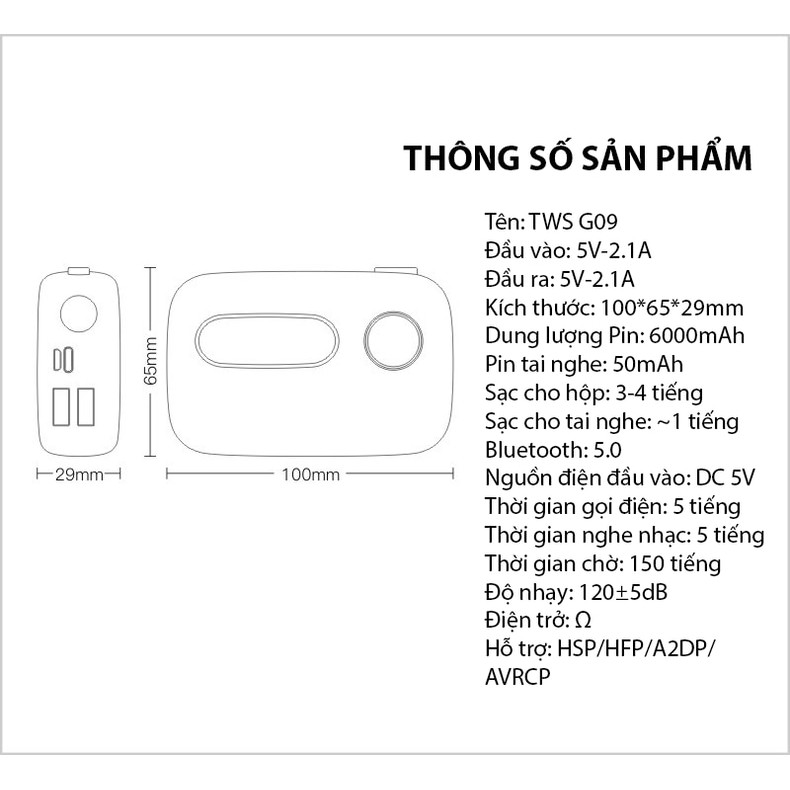 Tai nghe Bluetooth TWS G09 - Tích hợp PIN Sạc dự phòng 6000mah - Màn hình đèn LED - Tíc