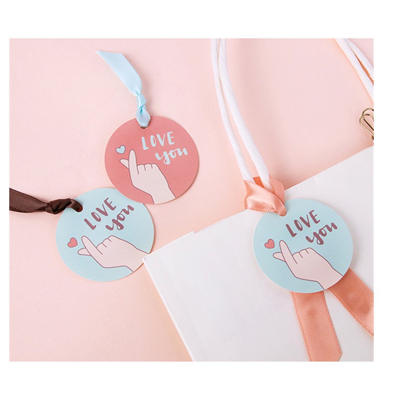 set 10 tag giấy 2 màu hồng và xanh chủ đề Love you bắn tim size 4.3 cm