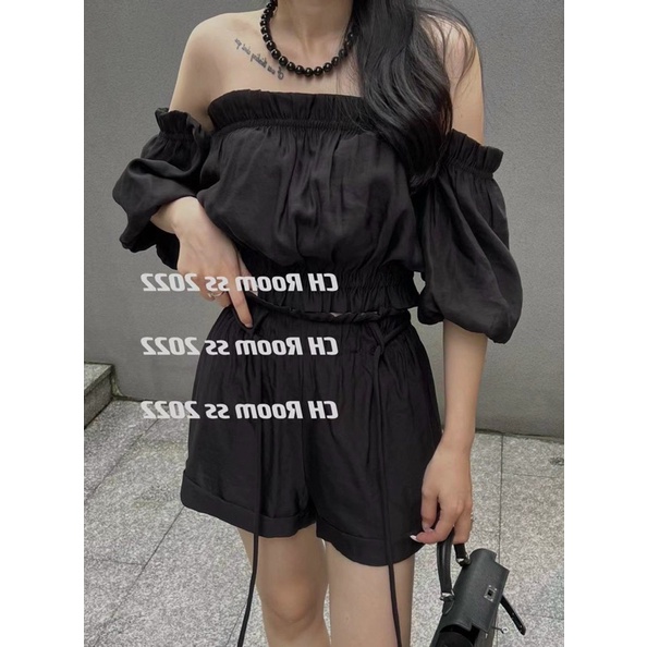 Set áo crop bẹt vai bo chun + short lưng cao nơ