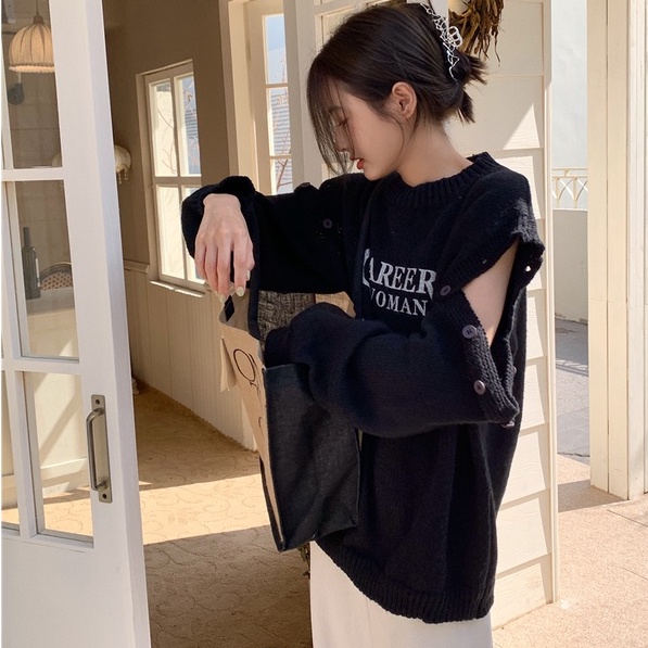 Áo sweater ZHELIHANGFEI dệt kim tay dài dáng rộng thiết kế hở cánh tay in chữ cá tính