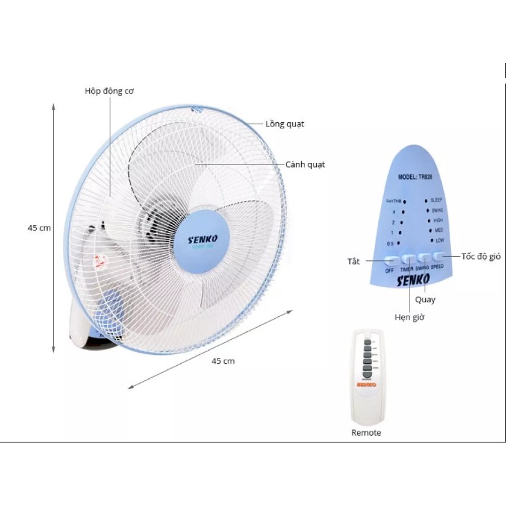 Quạt treo tường điều khiển từ xa Senko TR1628 thay thế TR828