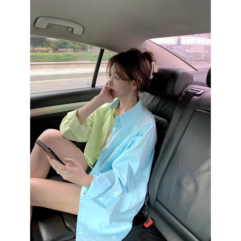 Áo Sơ Mi Chống Nắng Tay Dài Dáng Rộng Màu Tương Phản Thời Trang Hàn Quốc Cho Nữ