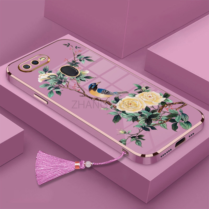 Ốp lưng oppo a5s a12 a7 a31 F9 a7x Vỏ điện thoại di động TPU hoa văn chim và hoa được mạ điện có dây buộc tua
