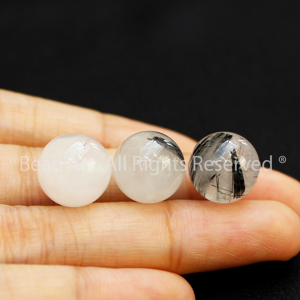 [1 Hạt] 12MM Tourmaline Trắng/ Đen (Tourmalated Quartz) Loại A, Mệnh Mệnh Kim, Thuỷ, Đá Phối Vòng Phong Thuỷ, Chuỗi Hạt