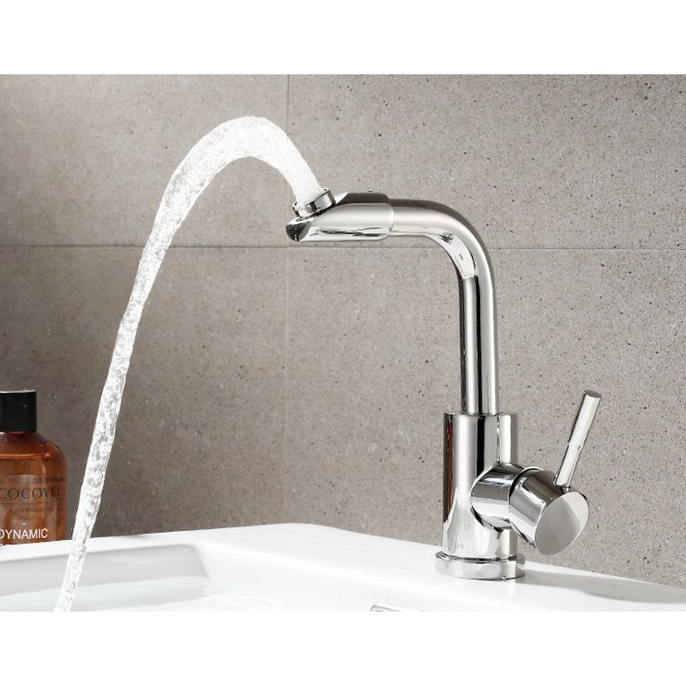 Vòi Lavabo nóng lạnh (cần uốn vuông, đầu xoay 360) SUS304 Bóng - Cao cấp ITALIA (Tặng thêm đôi dây cấp)