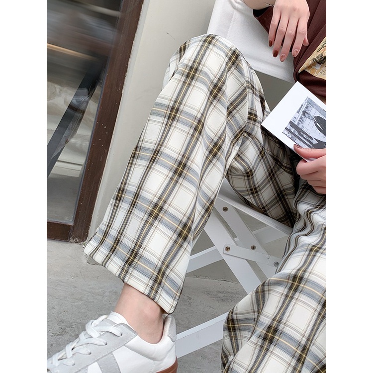 Quần Dài Nữ Ống Rộng Họa Tiết Caro Thời Trang Phong Cách