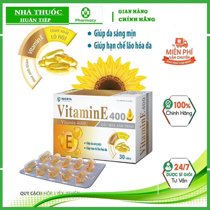 Vitamin E- Viên uống vitamin E 400 IU HACOFA Bổ Sung Vtamin E, Hỗ Trợ Làm Đẹp Da, Ngăn Ngừa Lão Hóa [ Hộp 30 Viên]