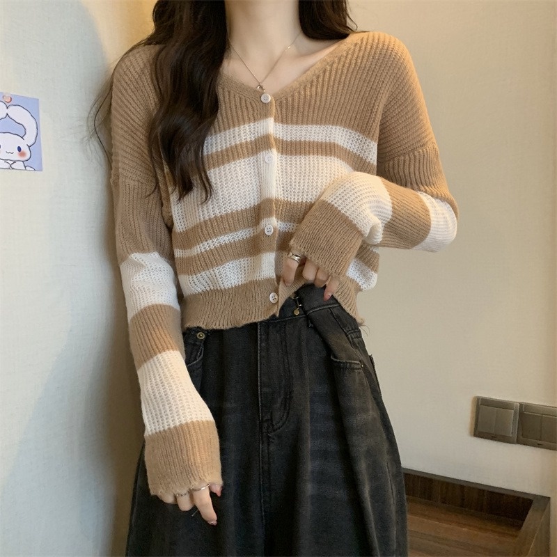 ZHELIHANGFEI Áo Cardigan Dệt Kim Tay Dài Cổ Chữ V Lưng Cao Kẻ Sọc Dễ Phối Đồ