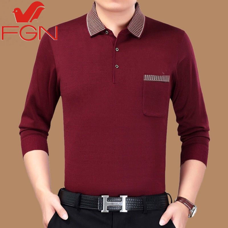 ♛̅Fuguiniao Áo thun cotton dài tay cổ bẻ màu trơn cỡ lớn thời trang xuân thu cho nam trung niên