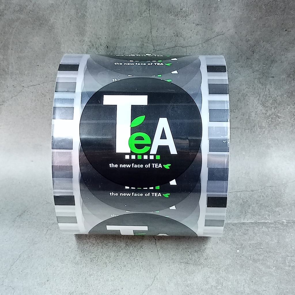 Cuộn màng ép ly nhựa, màng ép nắp cốc nhựa, màng dập cốc in sẵn 2400 logo/cuộn mẫu tea đen
