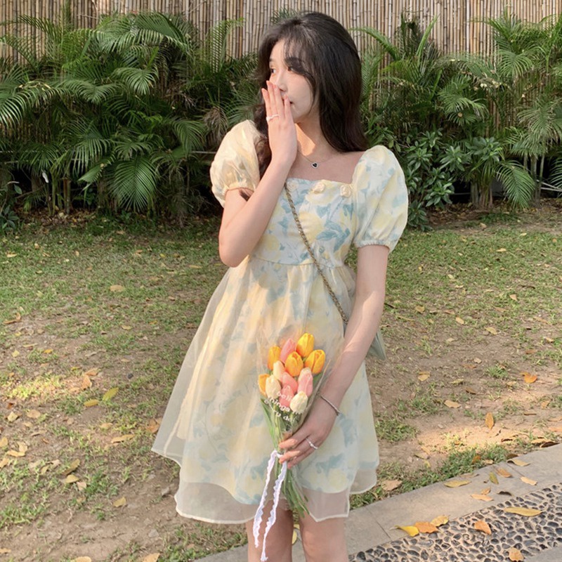 Đầm Tay Ngắn Cổ Vuông Phối Lưới In Họa Tiết Dễ Thương Thời Trang Mùa Hè Cho Nữ