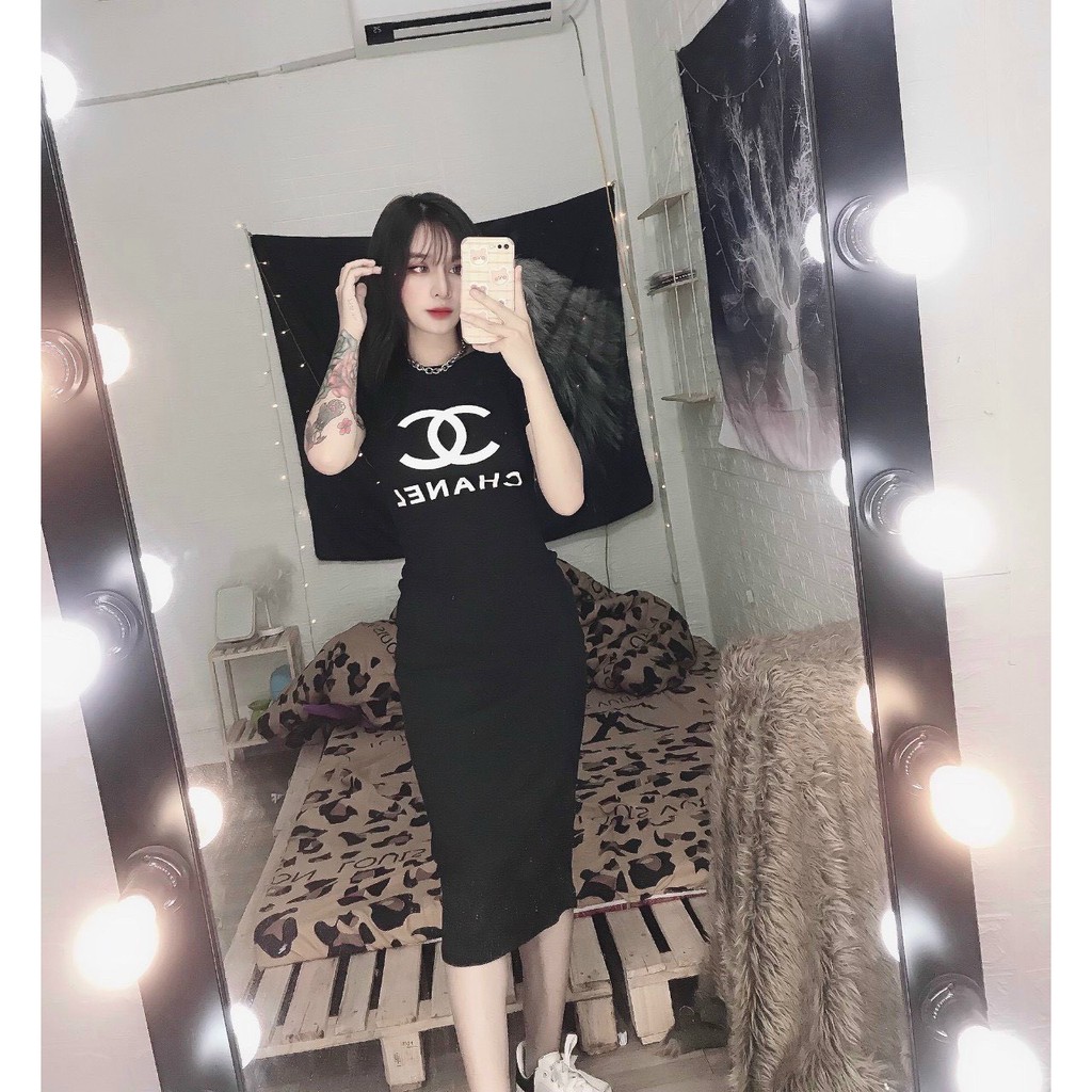 Đầm body tay ngắn dáng dài in chữ hiệu trước cực xinh , chất thun bozip mềm mịn ( ảnh thật )