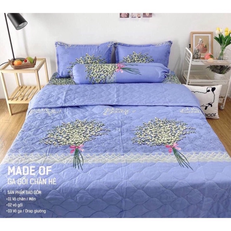 SÉT Bộ Chăn Ga Gối Hè Xanh Hoa Bó