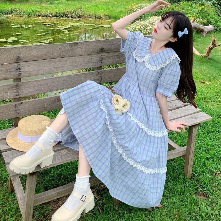 Đầm Babydoll Ren Trim Kẻ Sọc Váy Nữ Mùa Hè Màu Xanh Dài Bigsize