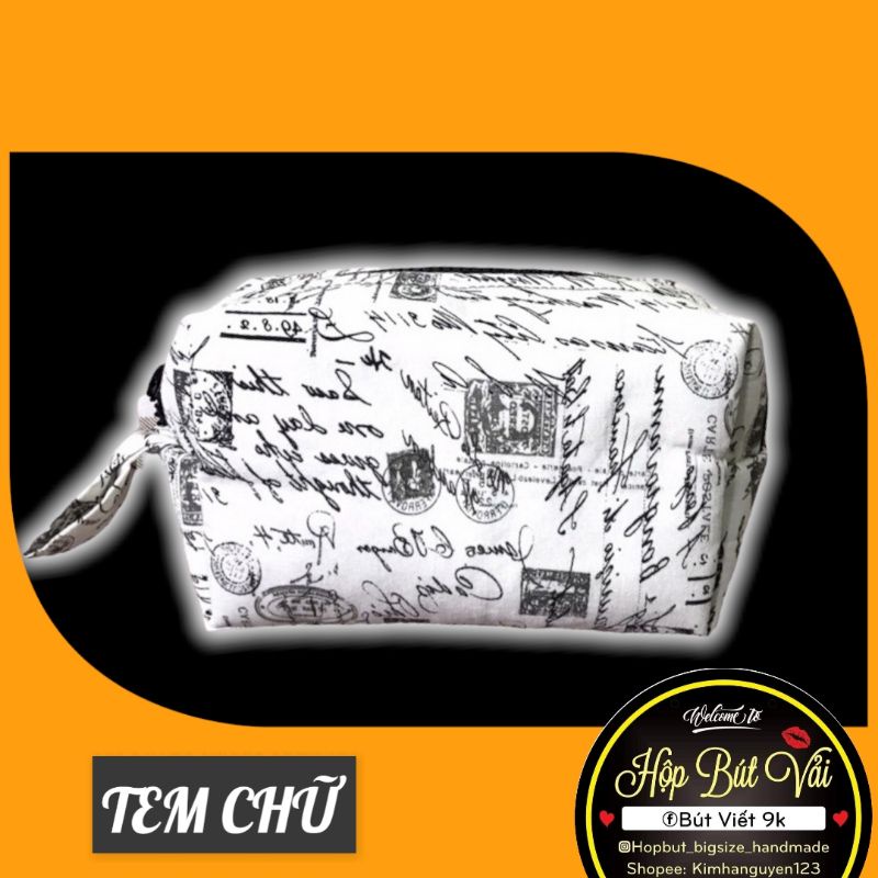 Hộp bút vải tem vintage màu trắng kem