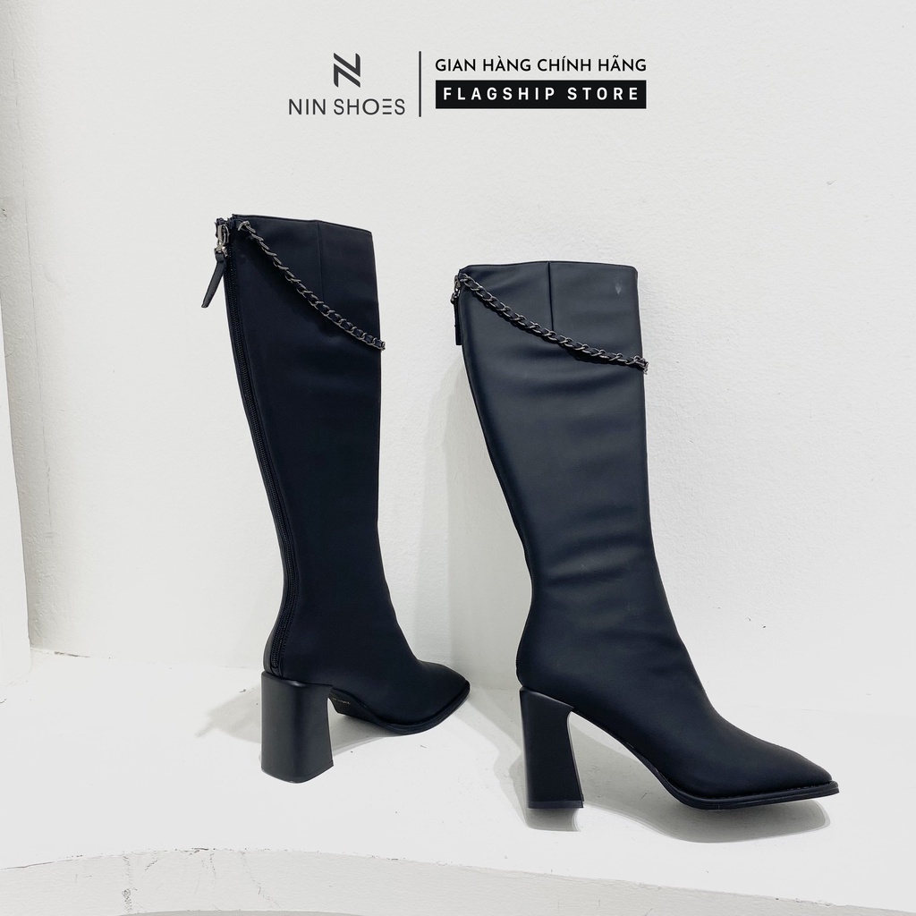 Giày Boot đùi nữ 9p QCCC xích cổ kéo khóa sau da si Ninshoes | BigBuy360 - bigbuy360.vn