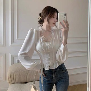 Áo kiểu cổ v viền ren bó eo dài tay order