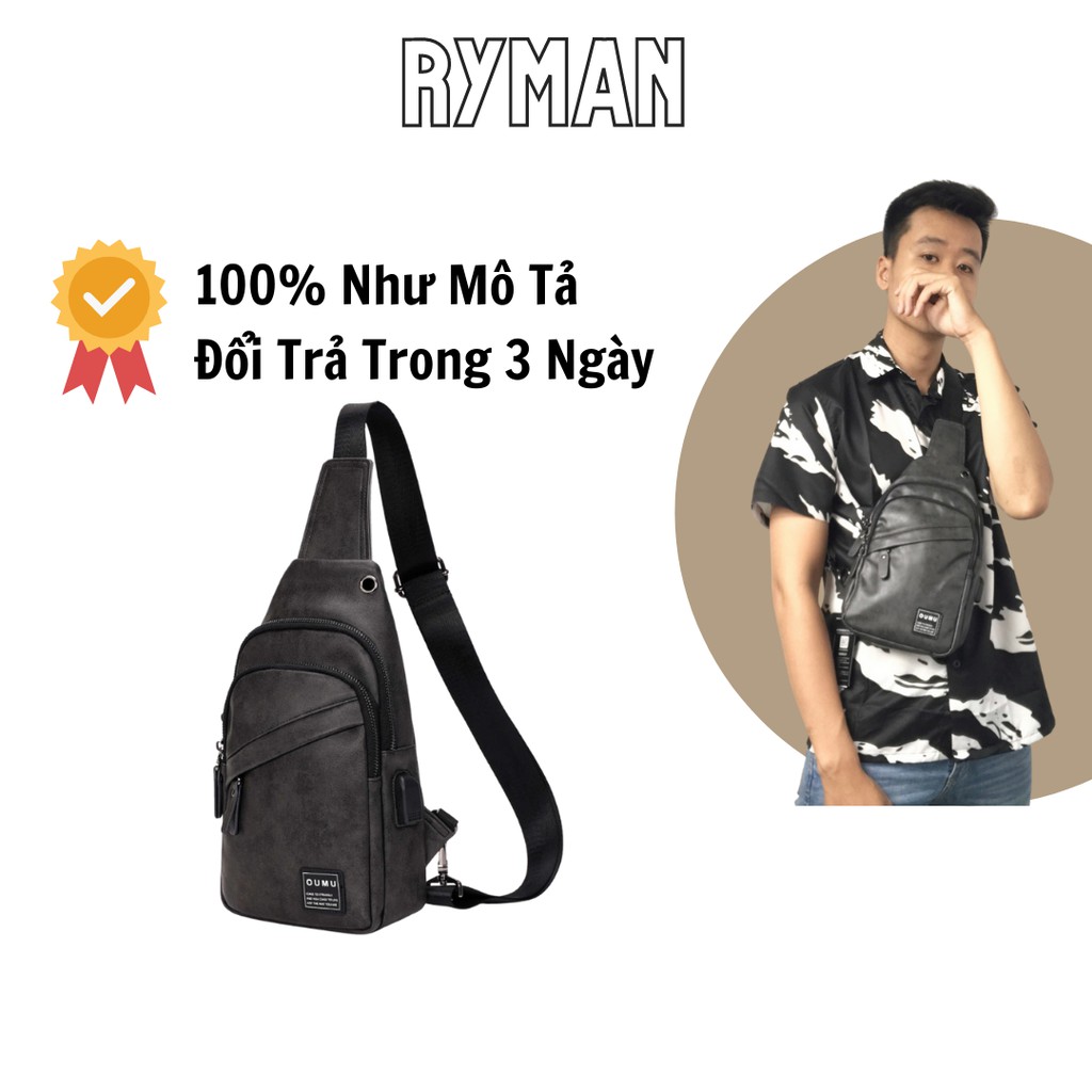 Túi Đeo Ngực Nam OUMU Da Pu Cao Cấp Tích Hợp Cổng Sạc Dự Phòng Phong Cách Hàn Quốc Unisex Màu Xám Bền Đẹp Chống Nước