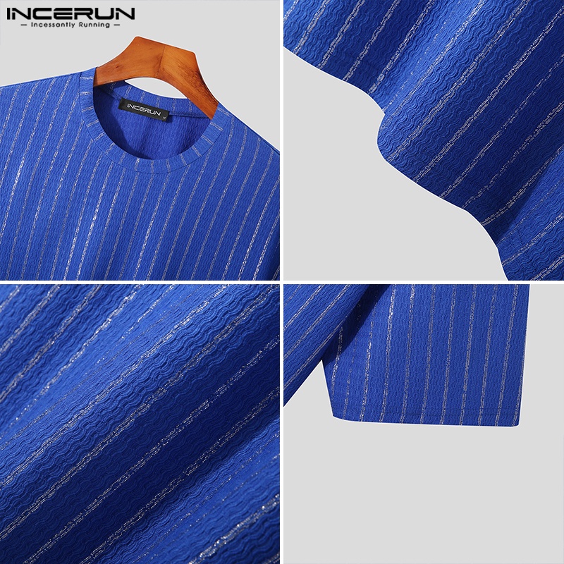 INCERUN Áo Thun Dệt Kim Cổ Tròn Dáng Rộng Màu Trơn Họa Tiết Kẻ Sọc Thời Trang Mùa Hè Cho Nam