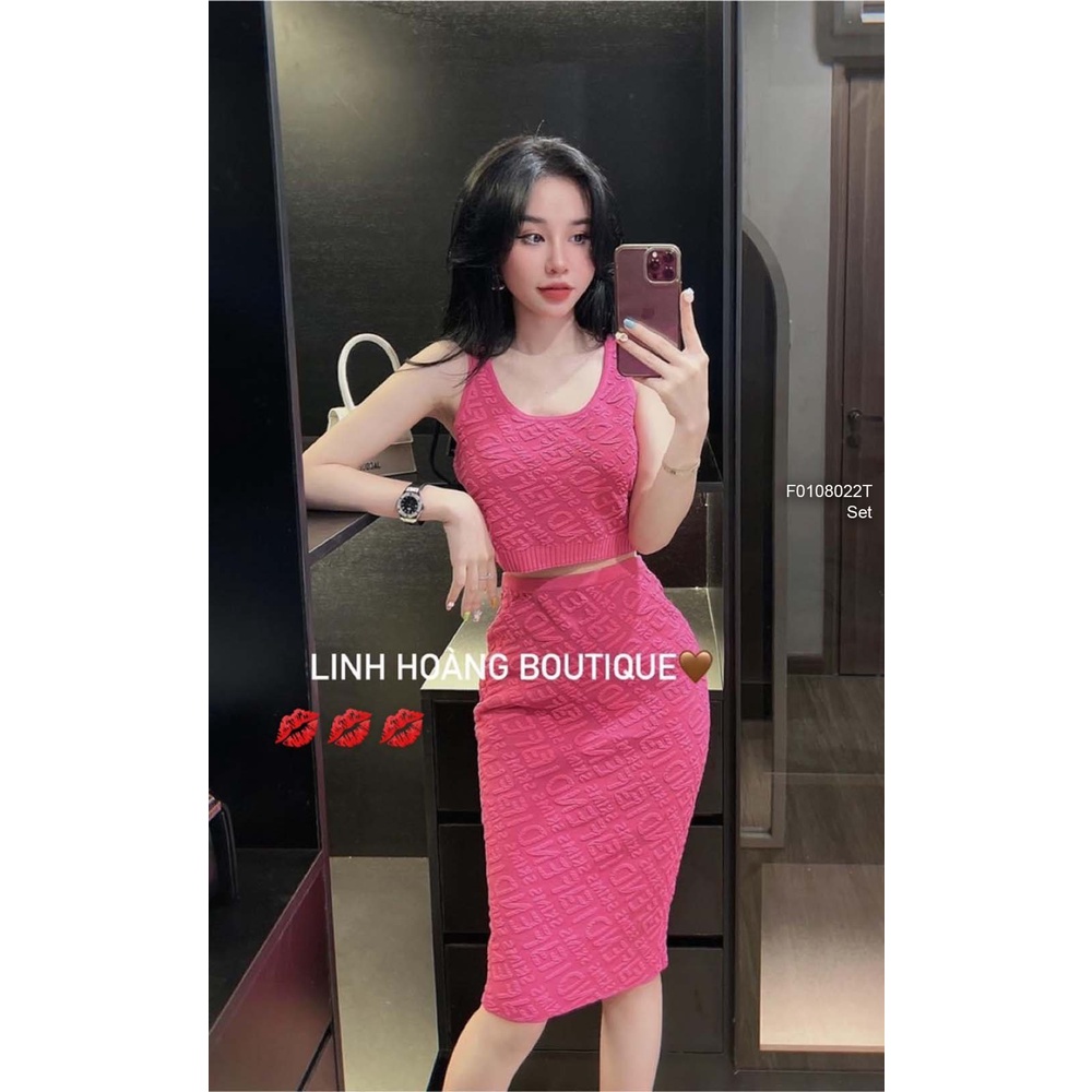Set len chữ nổi áo croptop sát nách phối chân váy ôm hàng đẹp QC!