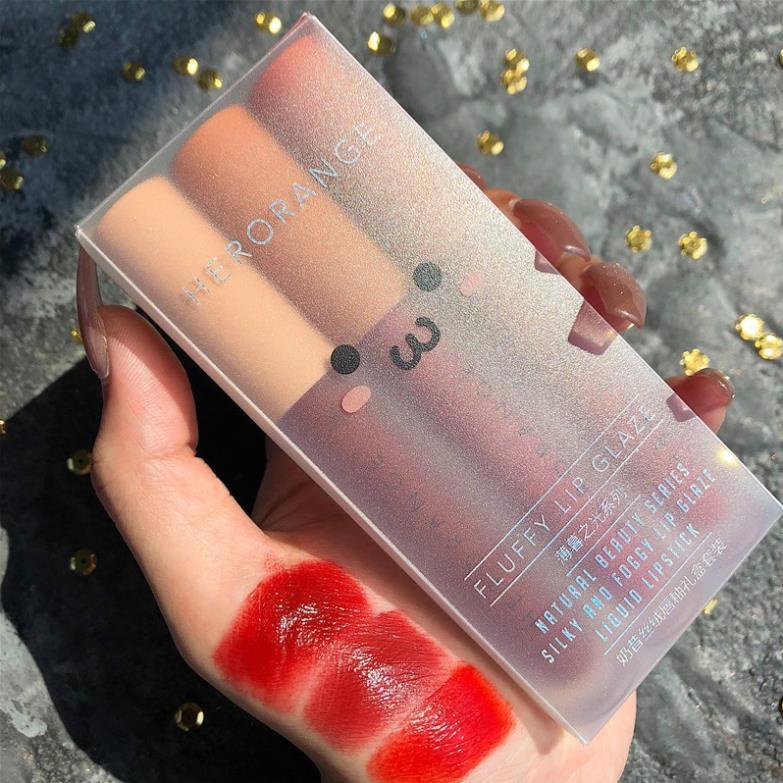 Son nội địa trung quốc 💕𝑭𝒓𝒆𝒆𝒔𝒉𝒊𝒑💕 Set 3 cây kem lì Herorange Fluffy Lip Glaze dưỡng môi chính hãng có màu A&B. | BigBuy360 - bigbuy360.vn