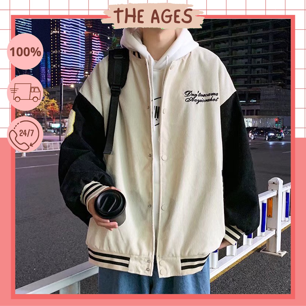 Áo khoác bomber nhung tăm - Áo varsity jacket THE AGES thêu chữ D chất liệu nhung gân dày dặn 2 lớp