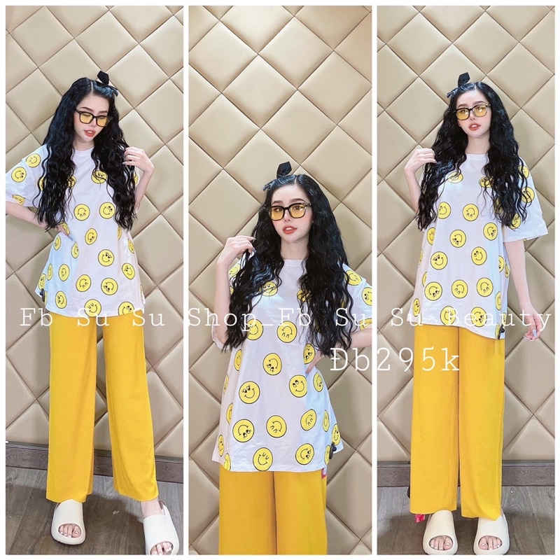 SET QUẦN ỐNG SUÔNG PHỐI ÁO THUN MẶT CƯỜI SIÊU HOT ( kèm hình thật)