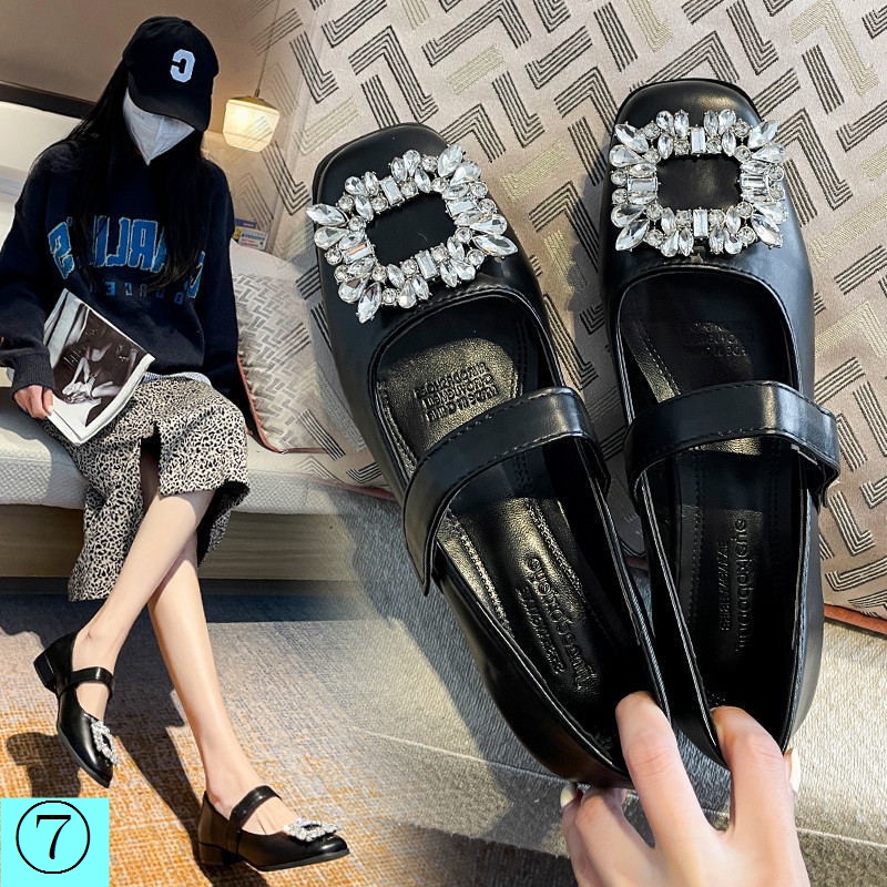 Giày Búp Bê Da Mũi Vuông Đế Thấp Đính Đá Trang Trí Sang Trọng Thời Trang Xuân Thu 2022 Cho Nữ