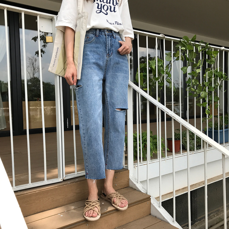 Quần Jeans Dài Rách Gối Thời Trang Dành Cho Nữ