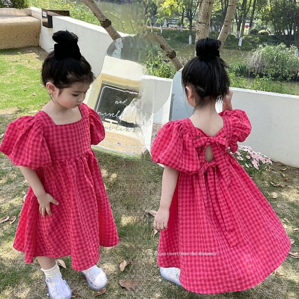 (8-32kg) Váy bé gái- đầm bé gái kẻ hồng siêu mát HB016