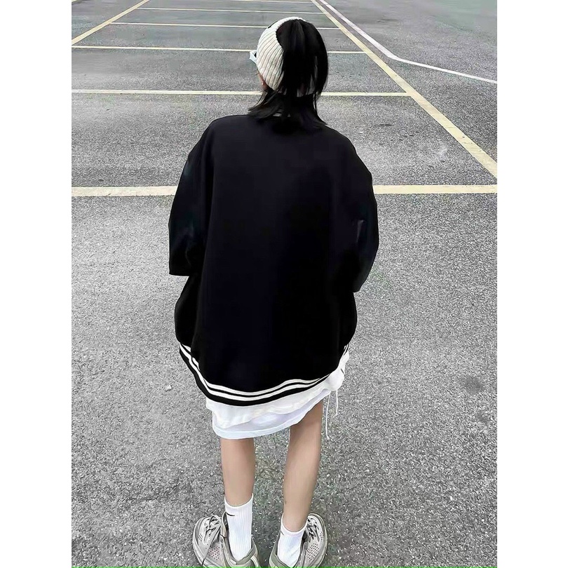 Áo Khoác Bomber Varsity Jacket Nam Nữ Full Đen Unisex Chất Kaki Dày Phối Da Lộn