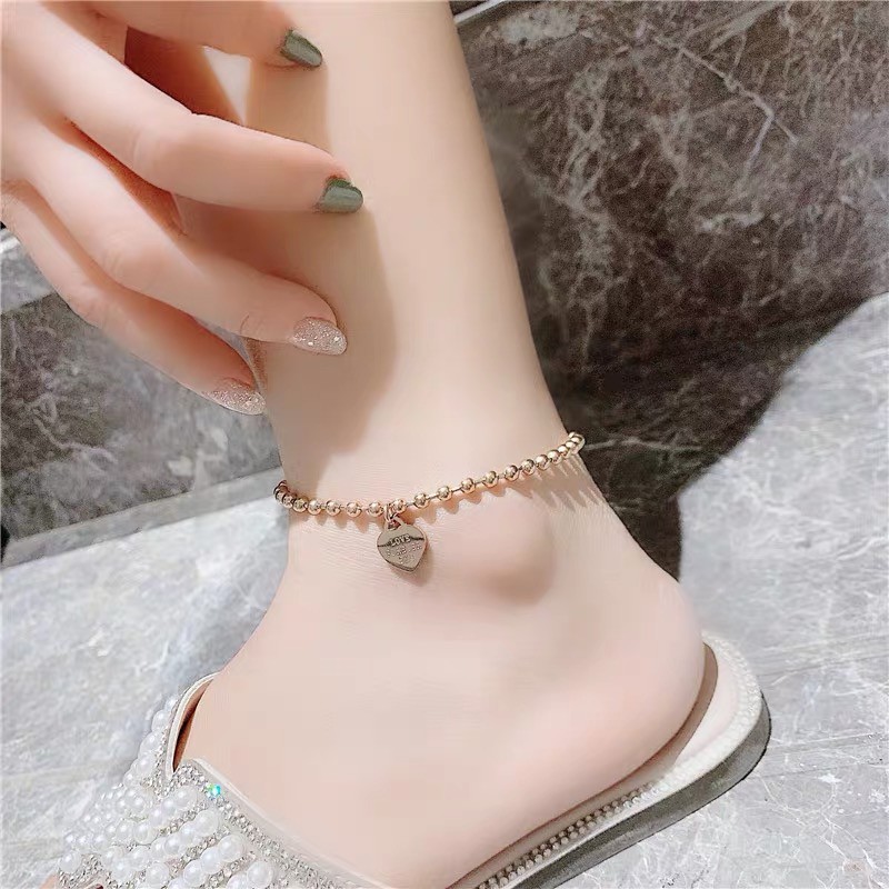 Vòng tay / lắc chân thép titan mạ vàng hồng 18k hình trái tim đơn giản chống thấm nước không gây dị ứng