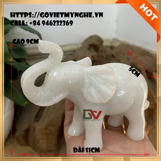 Tượng đá con voi trang trí phong thủy cầu tài lộc may mắn cho gia chủ - Dài 11cm - Đá trắng đá non nước