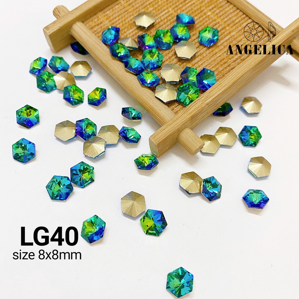 Túi 10 Viên Đá khối Nail Hình Lục Giác Màu Xanh Bơ Chân Vàng Trang Trí Móng ANGELICA LG