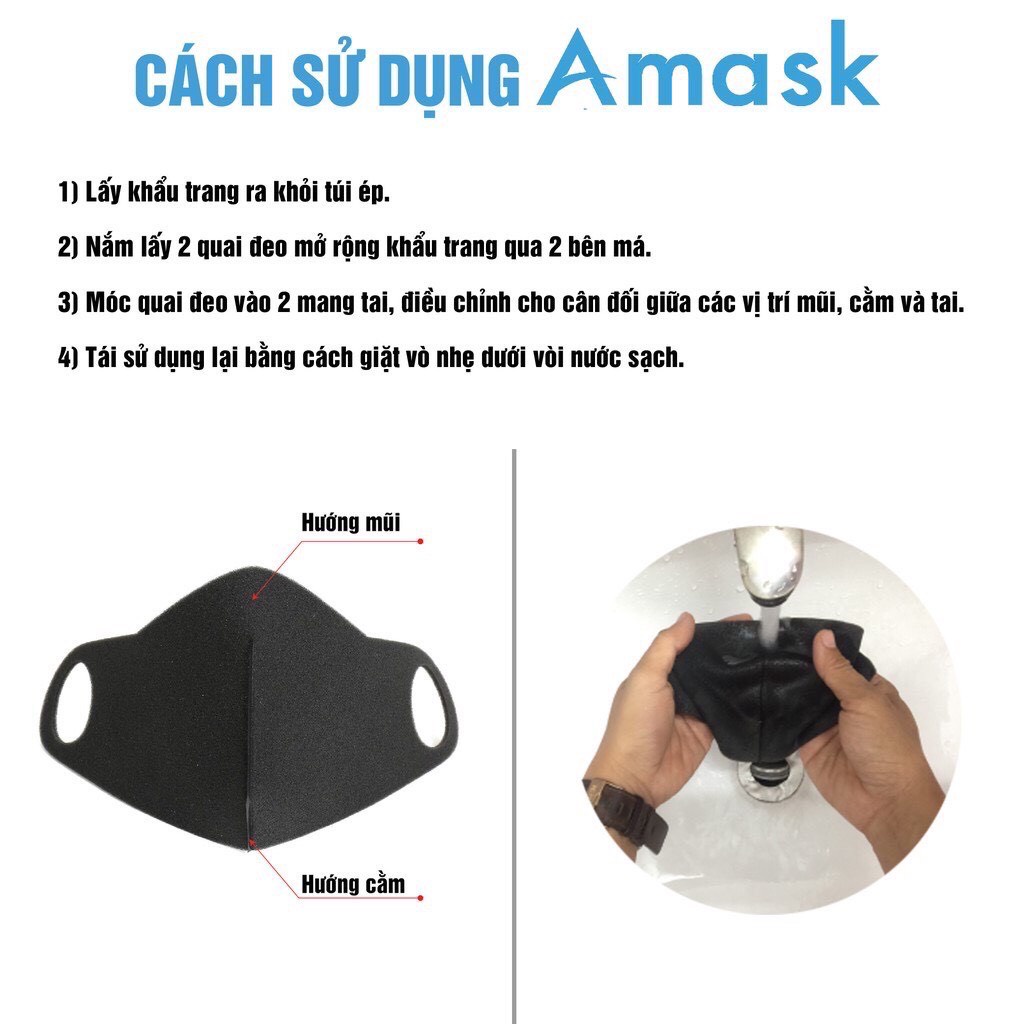 [Combo 5] Khẩu Trang Vải Su Poly 3D AMask Hàn Quốc Kháng Khuẩn, Chống Bụi Mịn, Không Đau Tai, Tái Sử Dụng