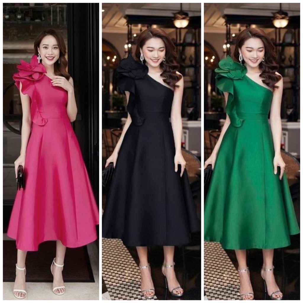 Đầm lụa xòe thiết kế xeo vai đính nơ bèo đi tiệc | đám cưới sang trọng
