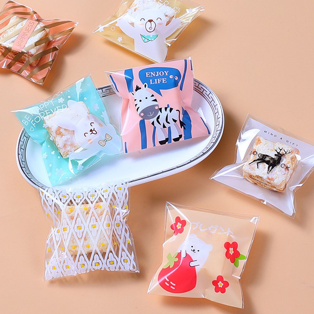 Set 100 Túi Đựng Bánh Quy/ Kẹo In Họa Tiết Hoạt Hình 7*7+3cm Độc Đáo DIY
