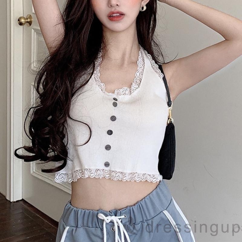 Áo ba lỗ croptop nữ màu phối ren trang trí nút áo phía trước