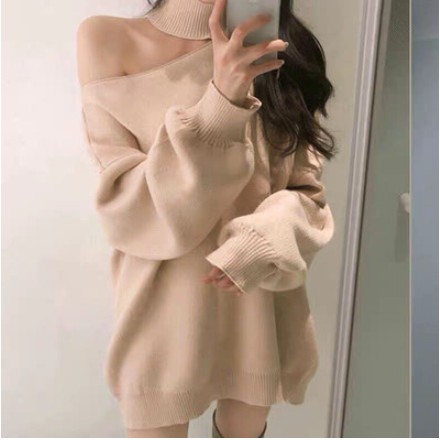 ♥Áo Sweater dệt kim tay dài dáng rộng trễ vai thiết kế quyến rũ cho nữ