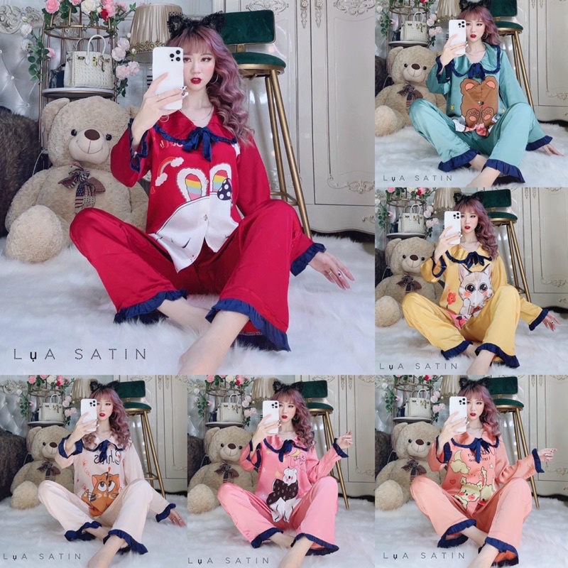 SỈ=LẺ Đồ bộ mặc nhà Pijama Lụa Satin dưới 62kg tay dài quần dài Tiểu Thư dễ thương