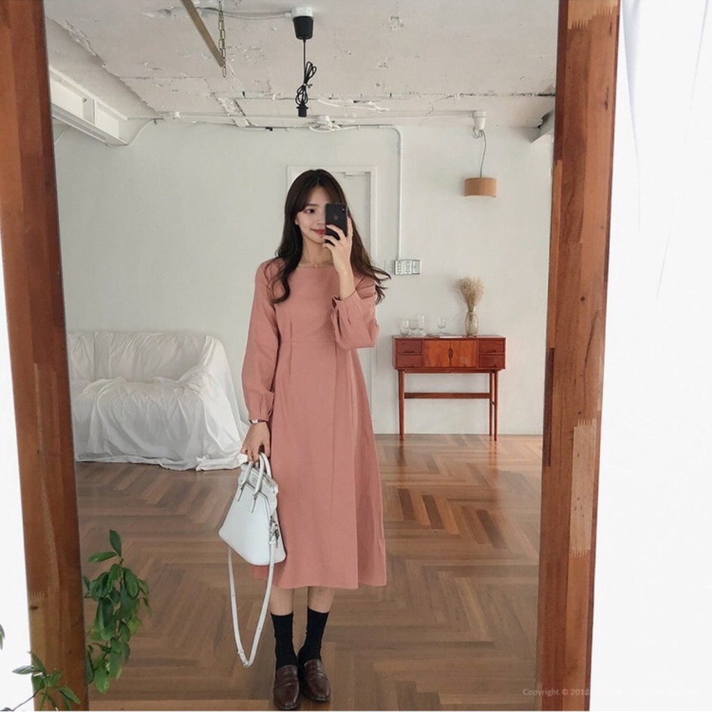 Đầm midi trơn tay bo (kèm hình thật)