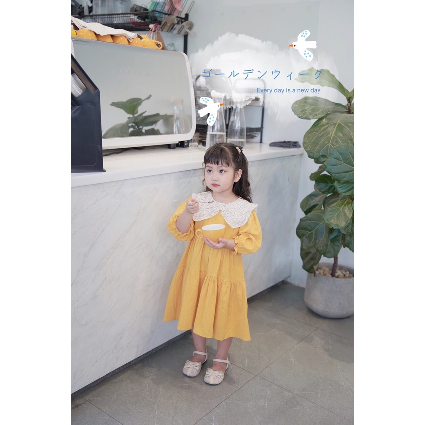 Váy thu dài tay chất thô mỏng màu trơn, cổ thắt nơ cho bé gái 1-5 tuổi