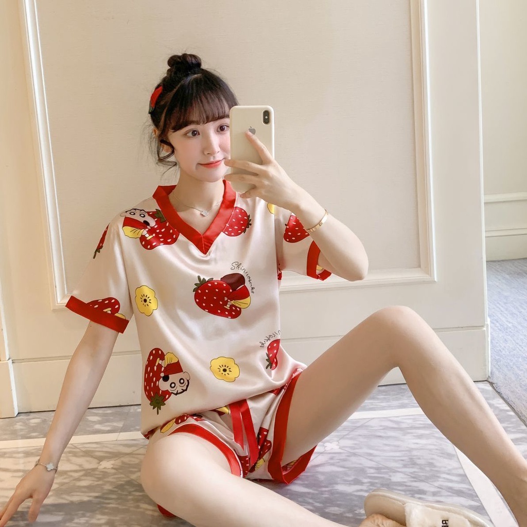 Pajama female Xia Bingsi short sleeve Korean spring and autumn thin section sweet imitation silk sexy V-neck two-piece suit home clothes