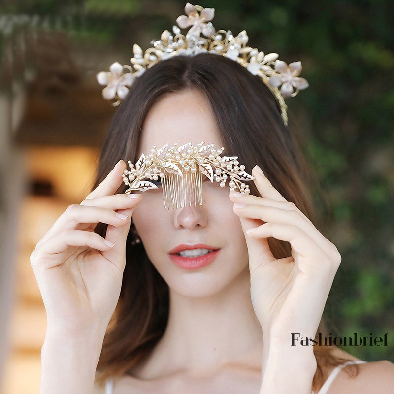 ❤BRIEF High Quality Simple Wedding Bridal Pearl Leaves Shiny Rhinestone Hair Comb Fashion Bridesmaid
