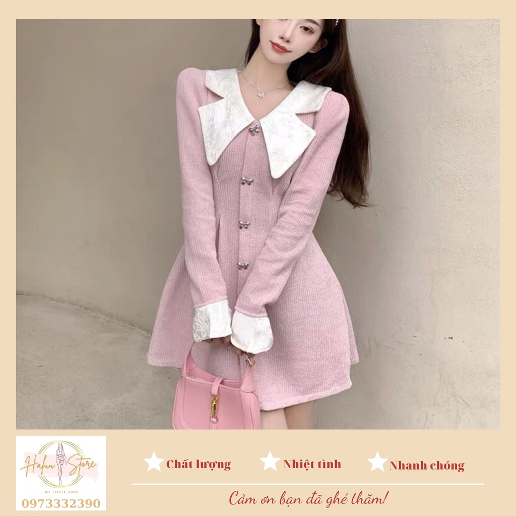 Váy Nhung Dáng Xòe Phối Cổ Nơ Eo Xếp Ly Cổ Điển Kiểu Pháp Thích Hợp Cho Nữ HT017